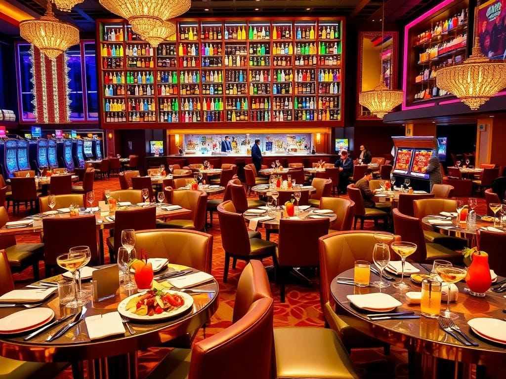 Flick International Elegant dining area in a Las Vegas casino showcasing gourmet dishes and extravagant drinks