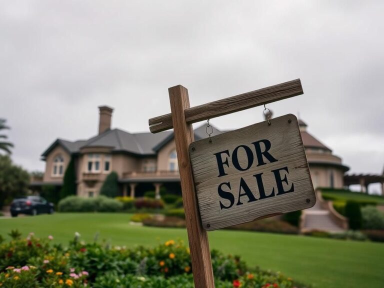 Flick International Weathered 'For Sale' sign outside a grand mansion in Montecito