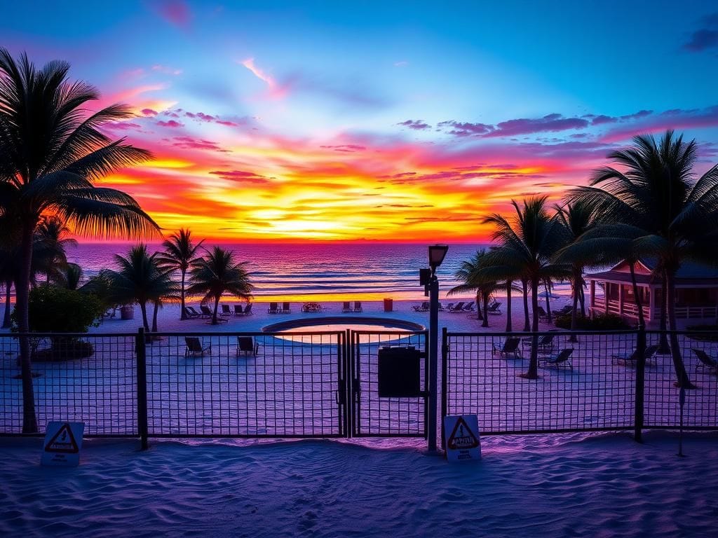 Flick International A serene beach scene in Mexico with a closed security gate at a luxury resort