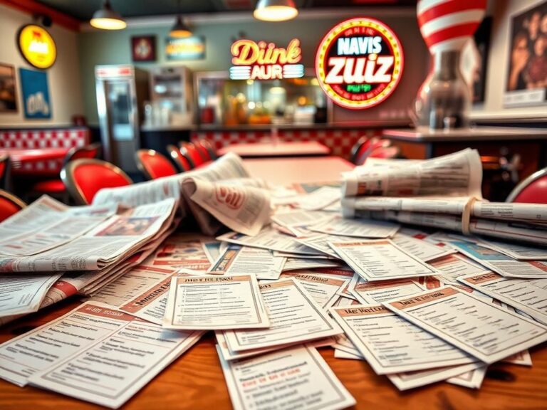 Flick International A vibrant tabletop display featuring colorful quiz cards and newspaper articles, capturing the essence of an engaging news quiz atmosphere.