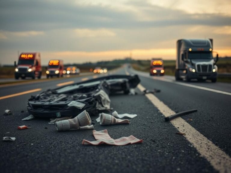 Flick International Aftermath of a minivan crash against a semi-truck with debris scattered on the highway