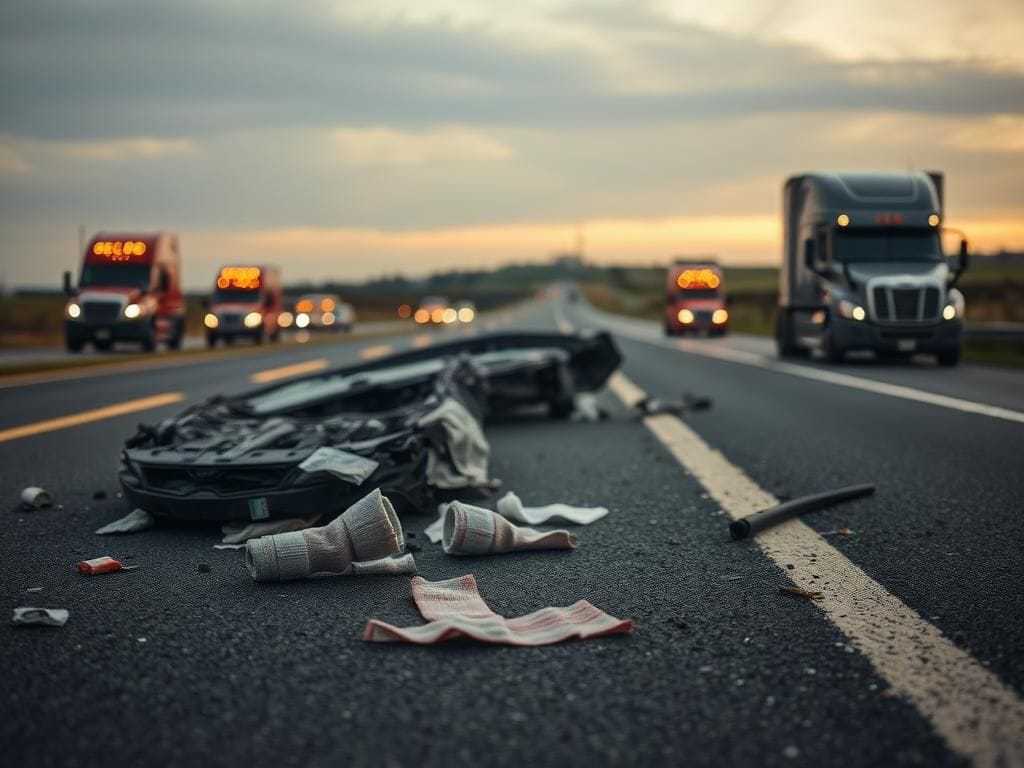 Flick International Aftermath of a minivan crash against a semi-truck with debris scattered on the highway