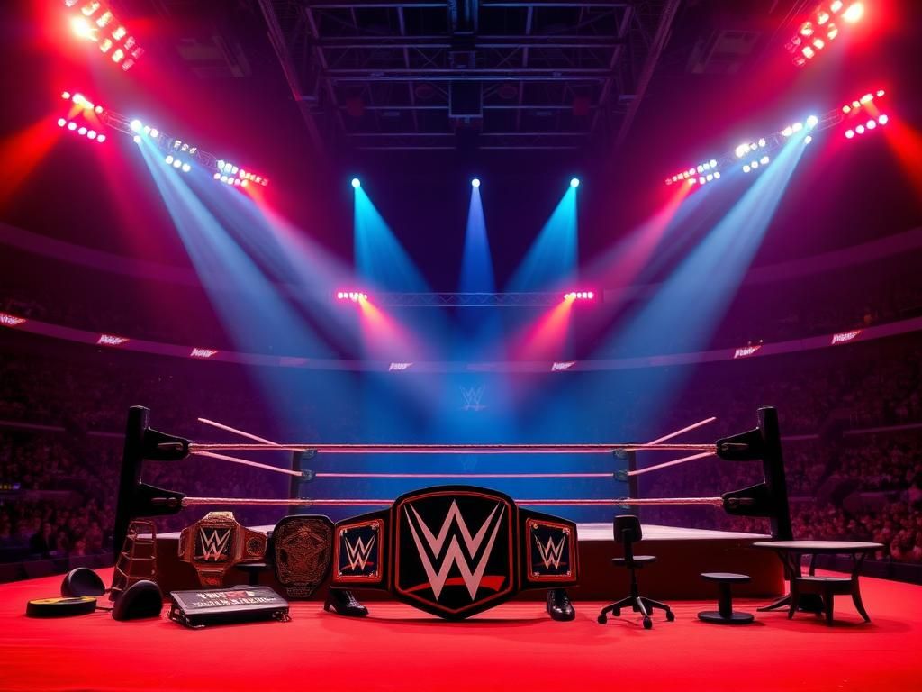 Flick International A dramatic wrestling ring at MetLife Stadium under vibrant red and blue floodlights