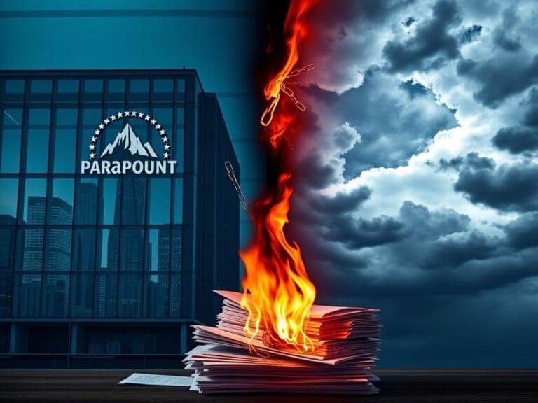 Flick International A dramatic split-scene image depicting a corporate office on one side and a stormy sky on the other, showcasing the tension around the Paramount-Skydance merger.