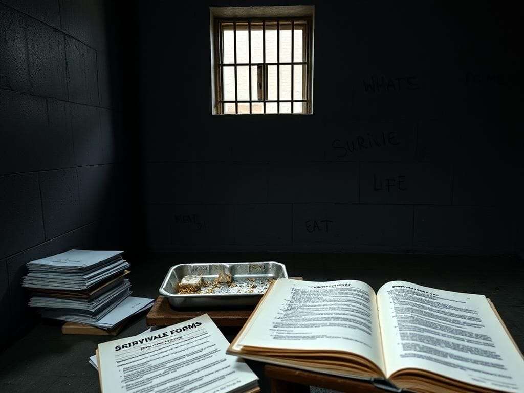 Flick International Dimly lit prison cell with a half-empty food tray on a rickety table