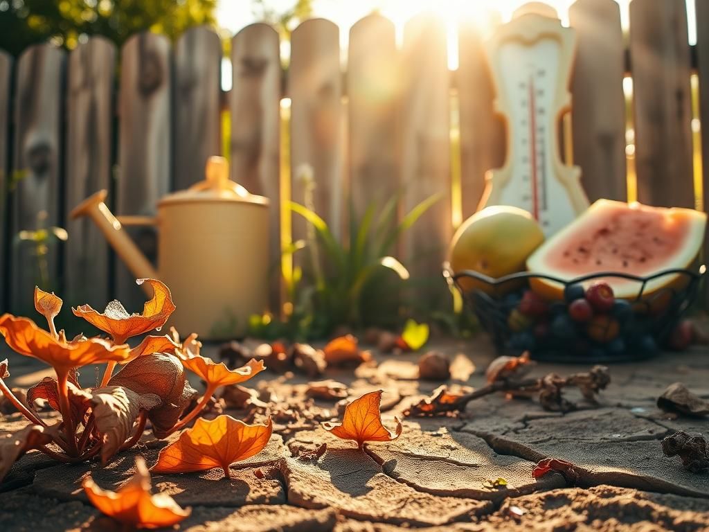 Flick International A wilted garden scene under extreme summer heat, symbolizing dehydration and drought.