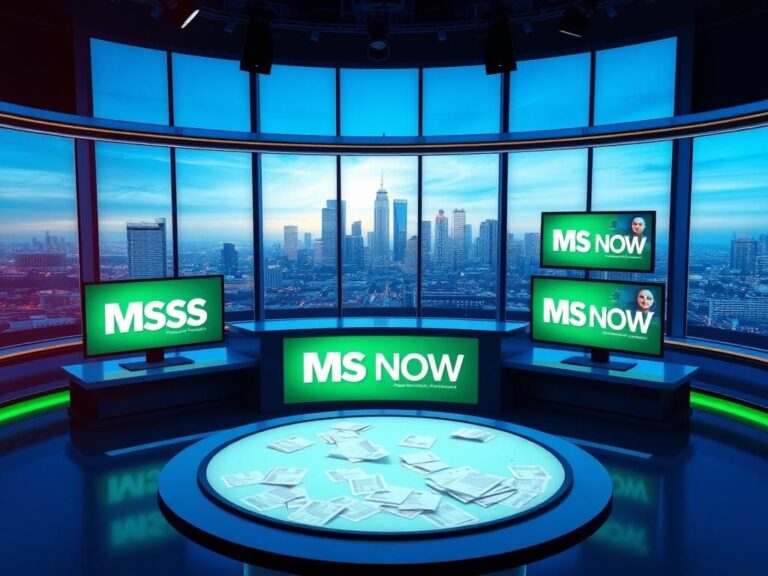 Flick International A high-tech broadcast desk showcasing the new name 'MS NOW' in a modern, empty newsroom