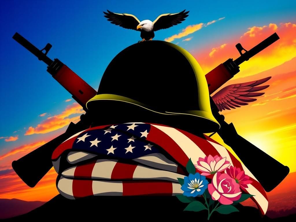 Flick International Military recruitment poster featuring a helmet on a folded American flag with crossed rifles in the background