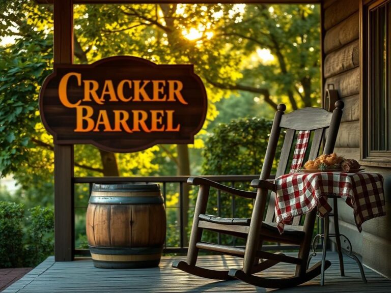 Flick International Rustic scene featuring a wooden Cracker Barrel barrel and a weathered rocking chair on a porch