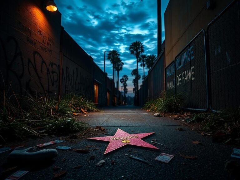 Flick International Broken Hollywood Walk of Fame plaque in dimly lit alley representing lost childhood dreams