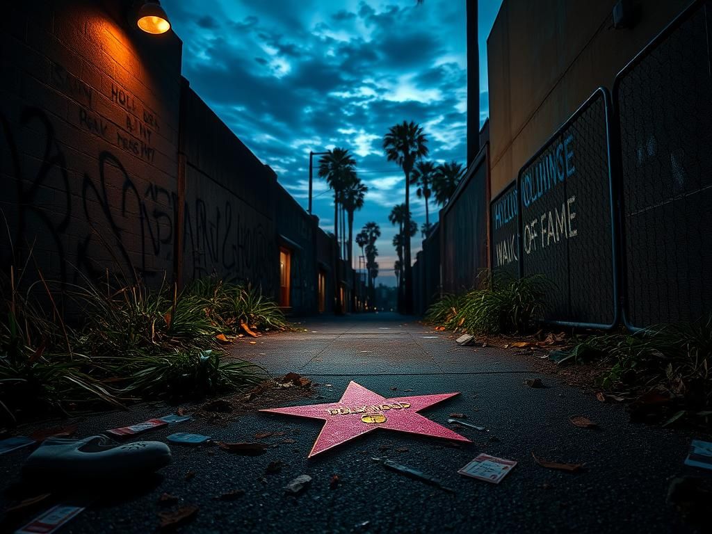 Flick International Broken Hollywood Walk of Fame plaque in dimly lit alley representing lost childhood dreams
