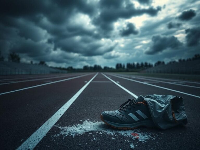 Flick International Somber scene of an empty athletic track with abandoned running shoes, symbolizing the aftermath of a tragic event