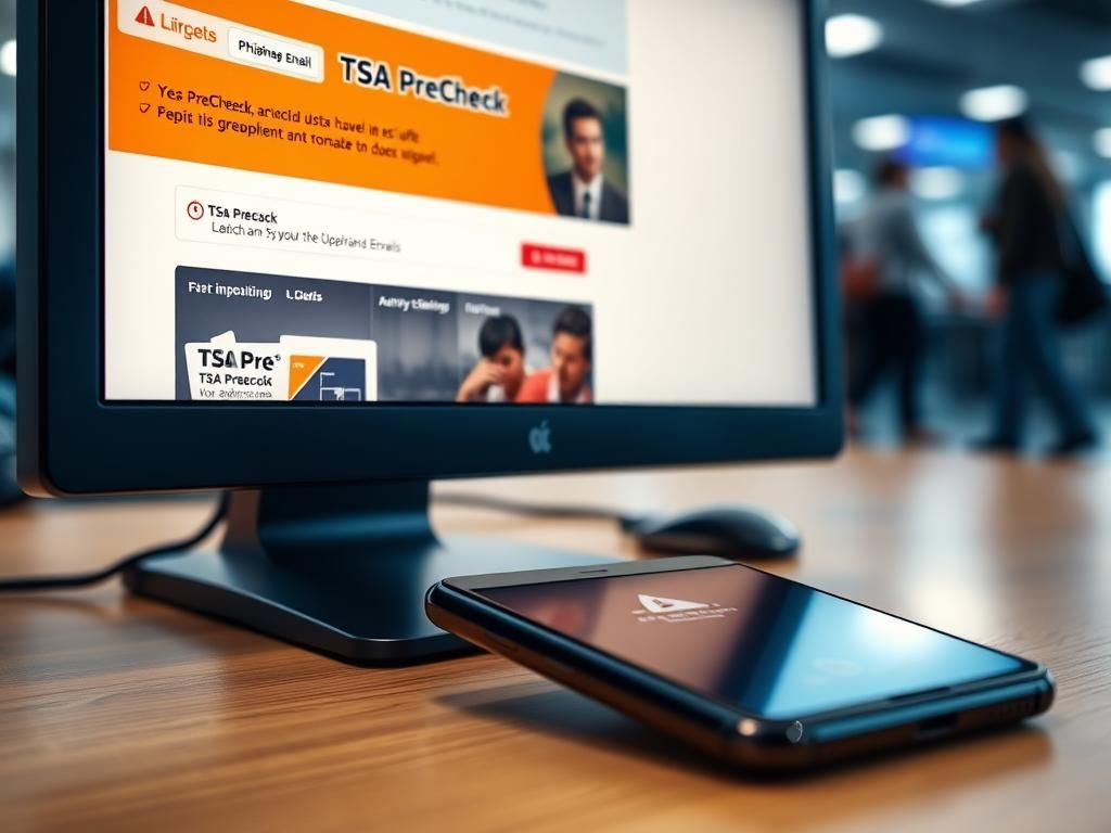 Flick International Close-up of a computer screen displaying a fake TSA PreCheck website with warning signs.