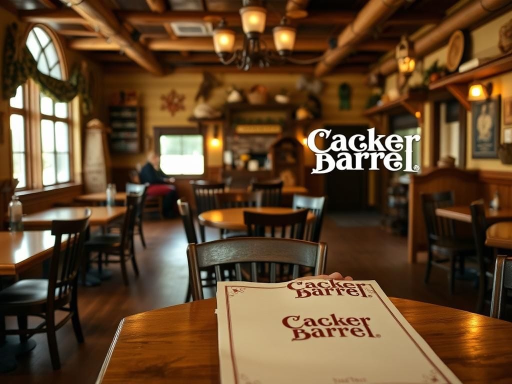 Flick International Cozy interior of a Cracker Barrel restaurant showcasing rustic ambiance and new logo