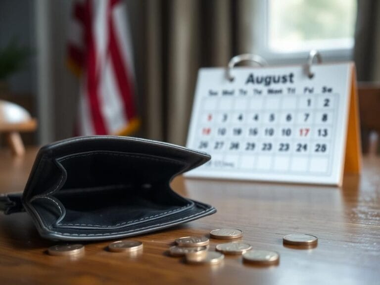 Flick International Close-up of an open empty wallet with scattered pennies and a blurred American flag in the background
