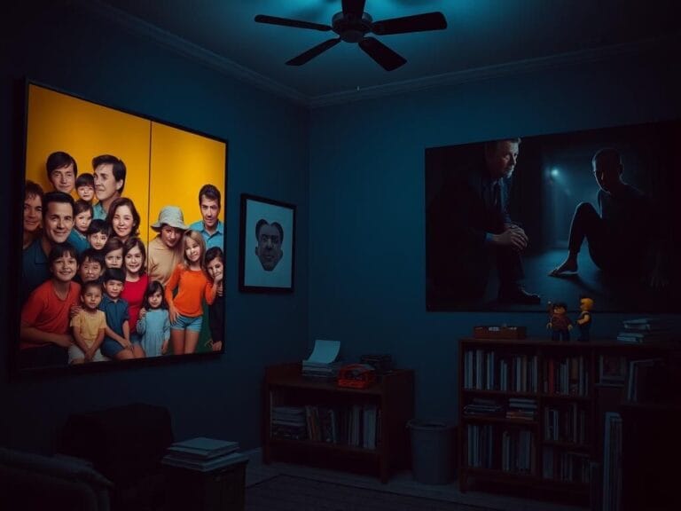 Flick International A dimly lit room showcasing movie posters from sitcoms and horror films, representing John Stamos' desire for serious roles.