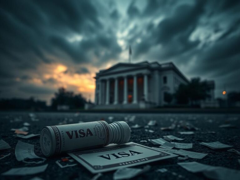 Flick International U.S. Department of State building under a stormy sky, symbolizing immigration tension