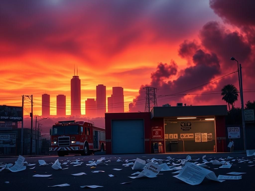 Flick International Dramatic urban landscape of Los Angeles at sunset with a closed fire station and scattered papers