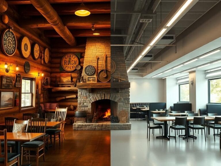 Flick International A cozy, rustic Cracker Barrel interior contrasted with a modern dining space