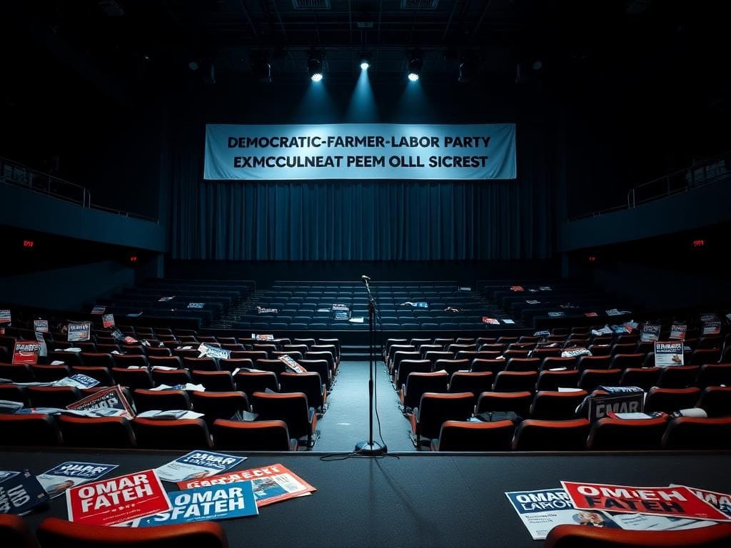 Flick International Empty auditorium with a spotlight on a microphone and campaign materials for Omar Fateh
