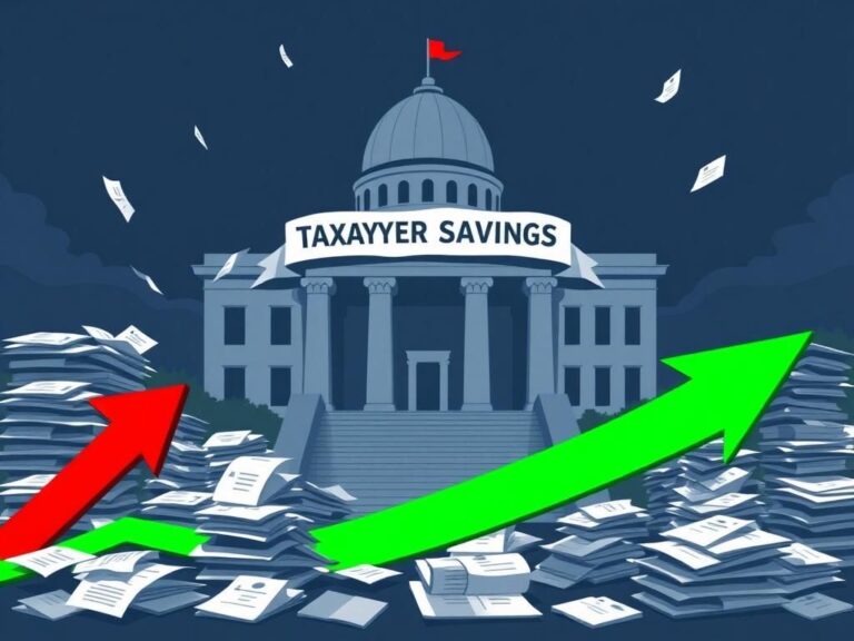 Flick International Government building symbolizing Department of Homeland Security with a banner reading 'Taxpayer Savings'.