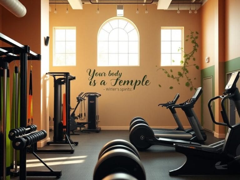 Flick International A serene gym environment featuring fitness equipment and a mural with the phrase 'Your body is a temple'