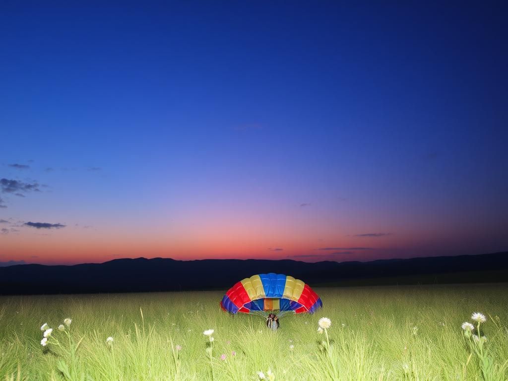 Flick International Solitary parachute lying on a grassy field under a twilight sky