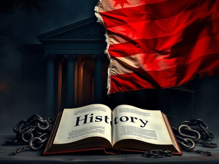 Flick International A torn American flag symbolizing societal division with a grand museum entrance in the background.