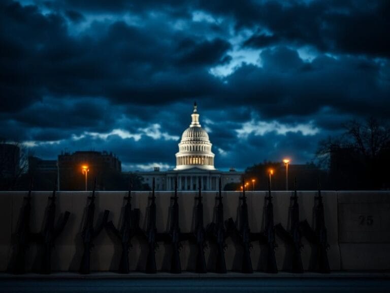 Flick International National Guard rifles set against a concrete barrier in Washington D.C. with Capitol building silhouette