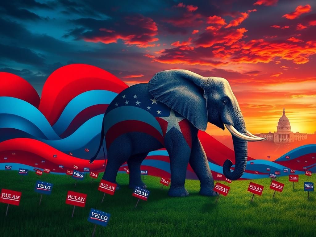 Flick International Intricate depiction of the Republican elephant against a vibrant backdrop symbolizing political divide