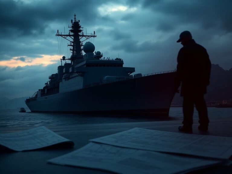 Flick International Close-up of the USS Essex in a stormy harbor at twilight with a shadowy figure representing secrecy