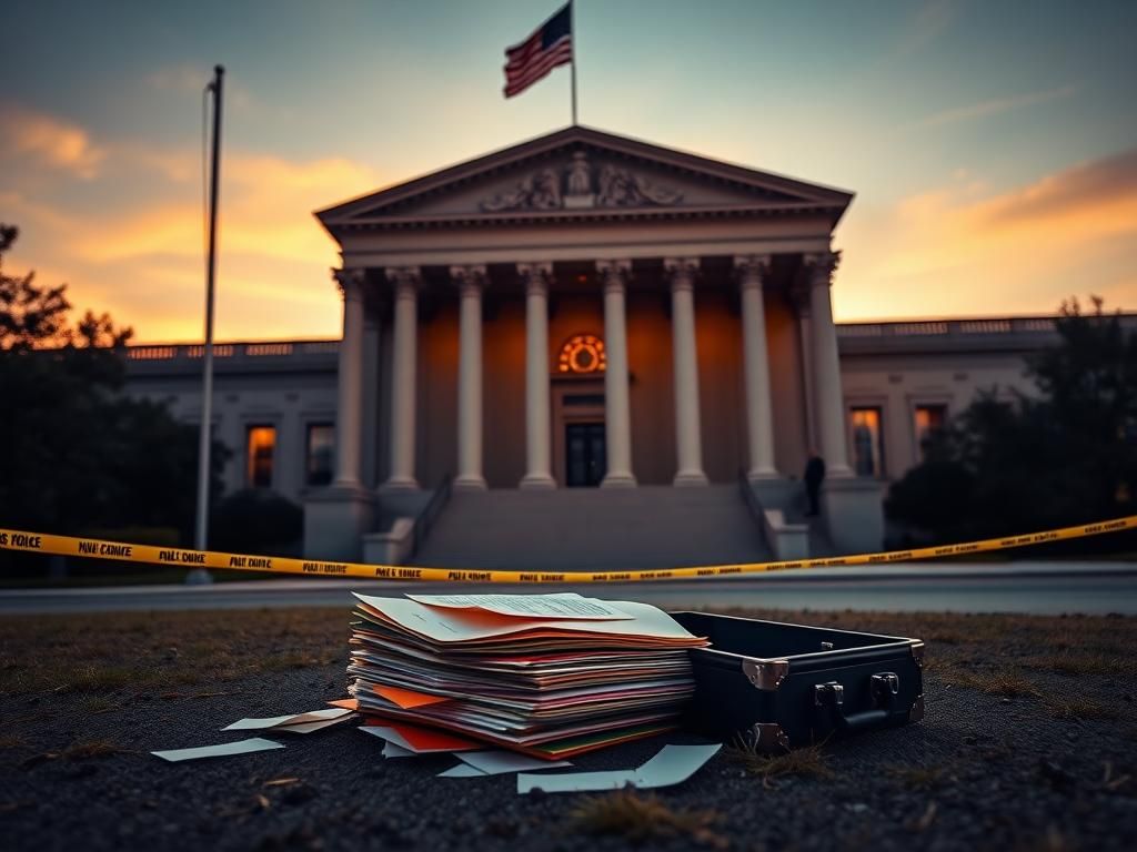 Flick International Exterior view of a neoclassical government building at dawn with an American flag