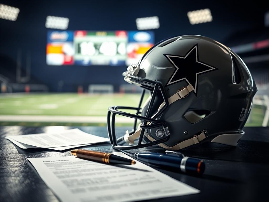 Flick International Close-up of a Dallas Cowboys football helmet on a dark wooden table symbolizing contract negotiations.