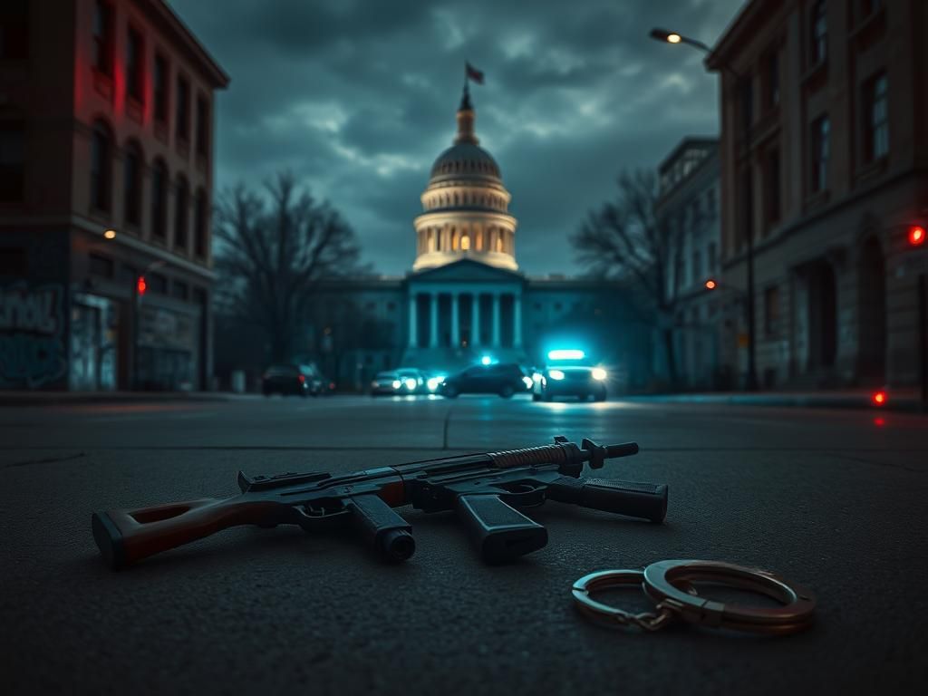 Flick International Collection of illegal firearms on a concrete surface in Washington D.C.