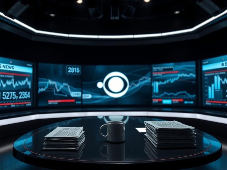 Flick International Modern CBS News newsroom with sleek desk and high-tech screens