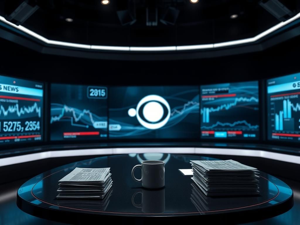 Flick International Modern CBS News newsroom with sleek desk and high-tech screens