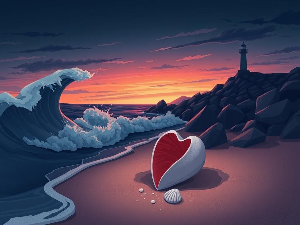 Flick International Abstract illustration of heartbreak with a cracked ocean wave at sunset
