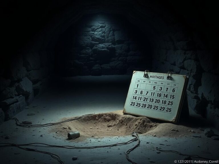 Flick International Emaciated hostage imagery symbolizing despair and isolation in a war context