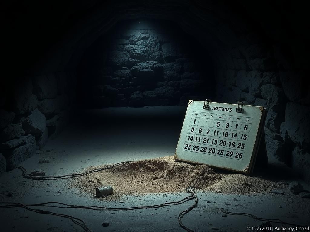 Flick International Emaciated hostage imagery symbolizing despair and isolation in a war context