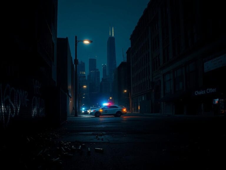 Flick International Nighttime urban landscape of Chicago with a dark alley and a police car silhouette