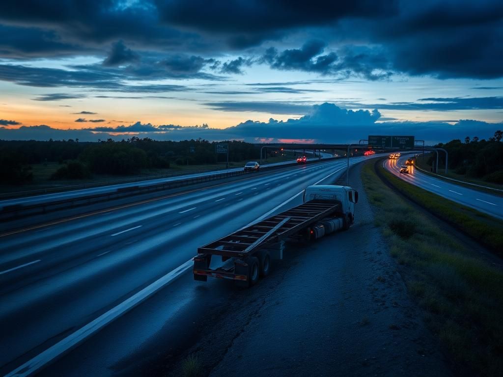 Flick International Crumpled semi-truck trailer abandoned on the Florida Turnpike at dusk