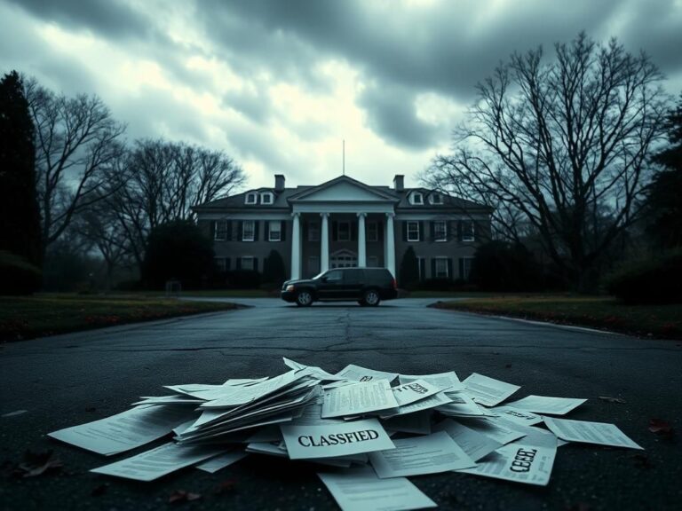 Flick International Dark and foreboding exterior of a government-style building with scattered classified documents, symbolizing the aftermath of the FBI raid on John Bolton's home