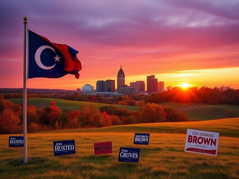 Flick International Ohio landscape at sunset with Columbus skyline and state flag