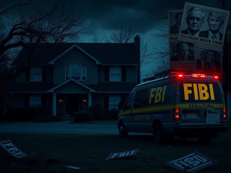 Flick International Dark suburban home in Bethesda, Maryland with an FBI van outside, capturing themes of political drama and scrutiny.