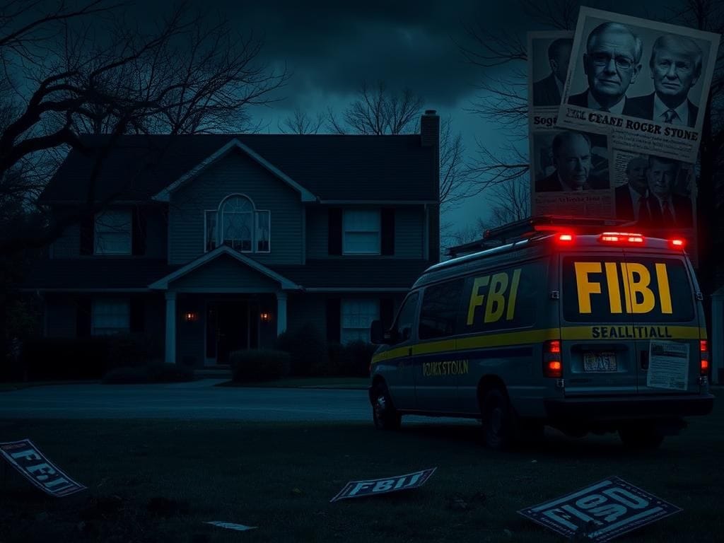 Flick International Dark suburban home in Bethesda, Maryland with an FBI van outside, capturing themes of political drama and scrutiny.