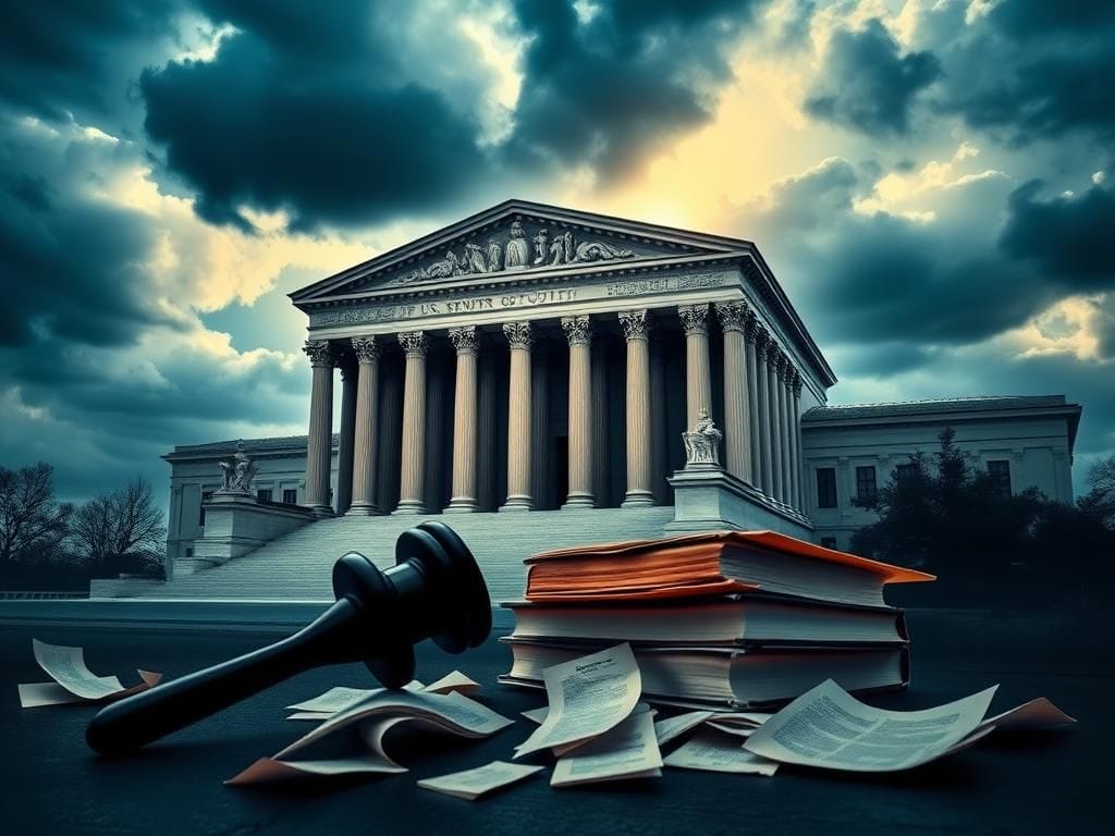 Flick International A dramatic view of the U.S. Supreme Court building surrounded by dark storm clouds and an abandoned gavel over law books