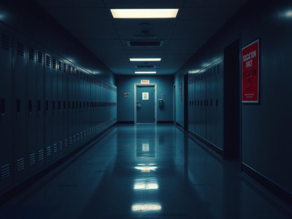 Flick International A tense school hallway with empty lockers and a closed bathroom door, symbolizing the debate over transgender rights in education.