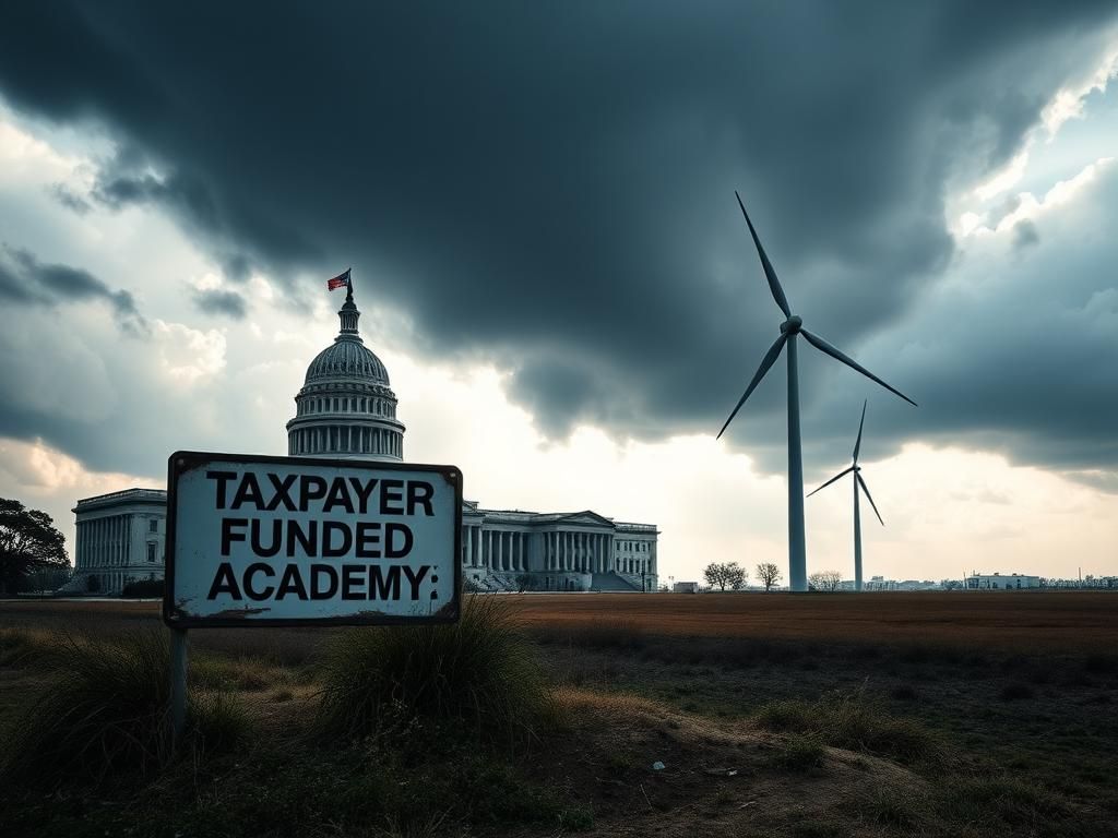 Flick International Dramatic landscape featuring a government academy building under contrasting storm clouds and sunlight