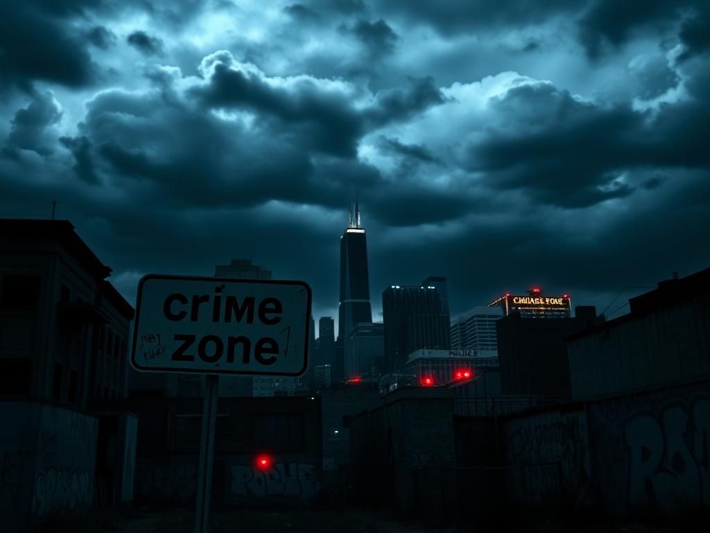 Flick International Dark, turbulent sky over Chicago skyline with a broken street sign indicating crime zone