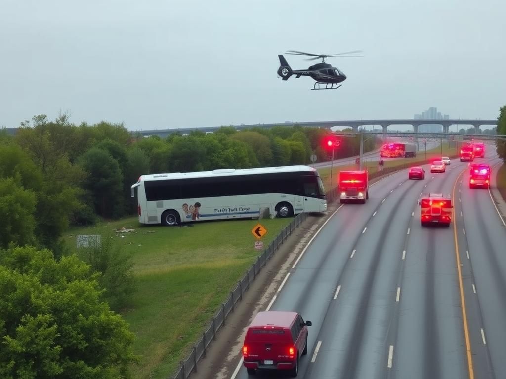 Flick International Aerial view of a large overturned tour bus surrounded by emergency vehicles on a New York highway